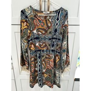 Million Bullpup Paisley Boho‎ Bell Sleeve Mini Dress Women's Size Large